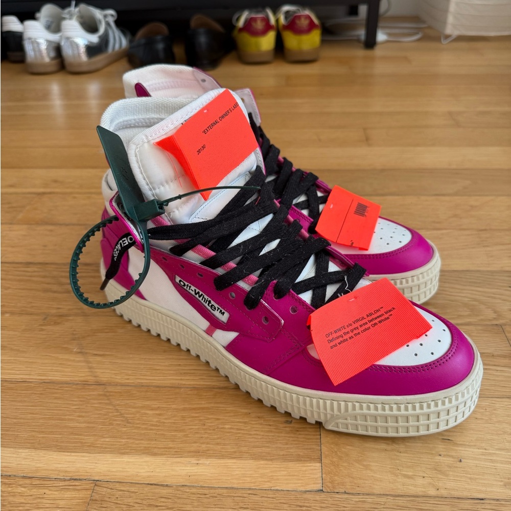 Off-White Fuchsia and White High-Top Sneakers